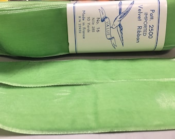 Velvet Ribbon in Nile Green, Taffeta Back, Made in France, 2 inches wide, Price is per Yard