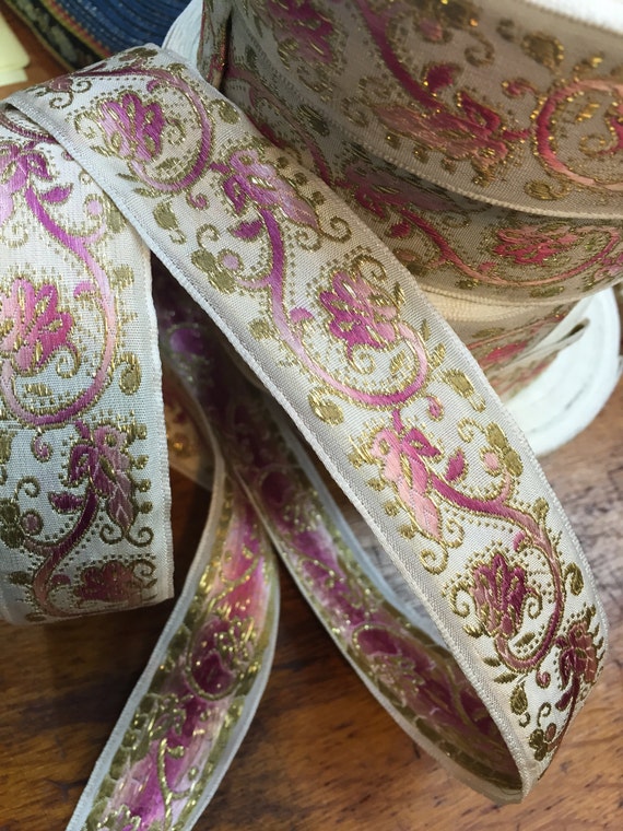 Vintage French Brocade Ribbon Pink Ombre Pattern On A White Background And Iridescent Gold Accents 1 3 8 Inches Price Is Per Yard