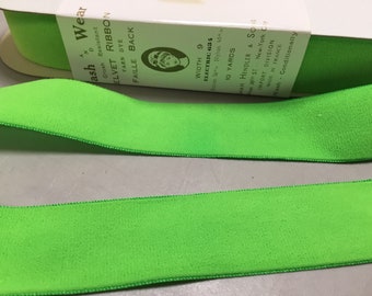 Velvet Ribbon in Lime Green, Taffeta Back, made in France, 1 1/2 inches wide, Price is per Yard