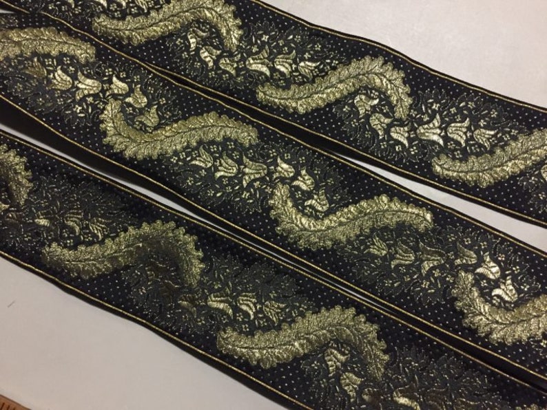 made in France Vintage Ribbon in Black with a Metallic Gold Paisley pattern Price is per Yard 2 58 inches wide