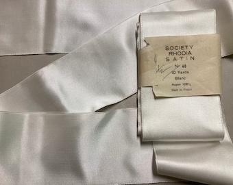 Society Vintage Satin Ribbon in White, 100% Rayon Blend, 2 7/8 inches wide, Made in France, Price is per Yard