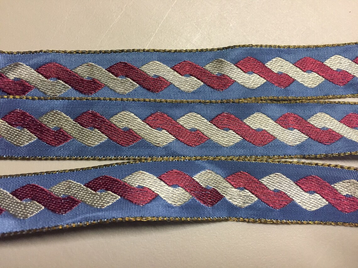 Jacquard Ribbon, Red, Ivory Interlocking Lifted Design on a French Blue ...