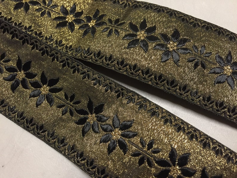 Vintage Jacquard Ribbon with Metallic Floral Pattern on Black, F Vintage Jacquard Ribbon with Metallic Floral Pattern on Black, F