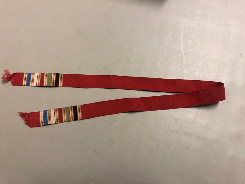 Vintage Faille Neck Stole with Striped edge White Stripe Red with White Green Black 31 inches long x 1 18 inches wide Blue