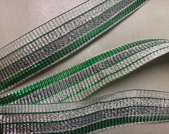 Vintage Metallic Striped Ribbon with Ribbed texture, Green, White, Gray Stripe, 1 inch wide, made in France, Price is per Yard