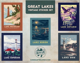 Retro Great Lakes Sticker | Vintage Travel Posters | Great Lakes Lighthouse Decals