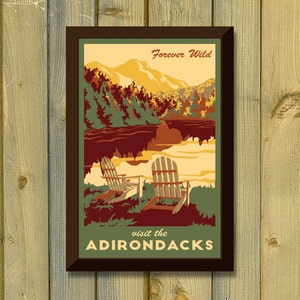 Adirondack New York Vintage Travel Poster Lake, Fall Leaves and Mountains Art Print image 1