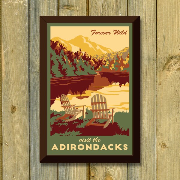 Adirondack New York Vintage Travel Poster- Lake, Fall Leaves and Mountains Art Print