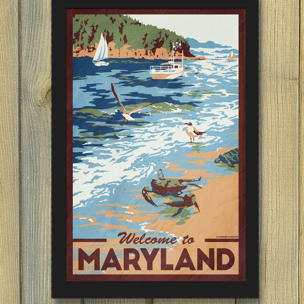 Maryland Vintage Travel Poster | Beach Sailboats Chesapeake Bay | Blue Crab Beach Decor