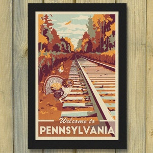 Póster de viaje retro del ferrocarril de Pensilvania / Arte mural otoñal del urogallo canadiense