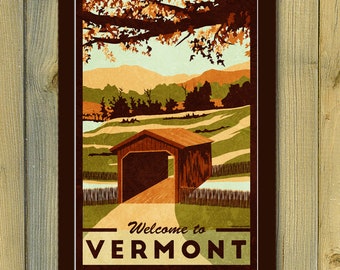 Autumn in Vermont Vintage Travel Poster- Fall Leaves Art Print