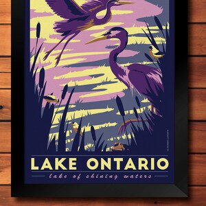 Lake Ontario Vintage Travel Poster Blue Heron, Gold Finches, Wildlife Lighthouse Art Print image 1