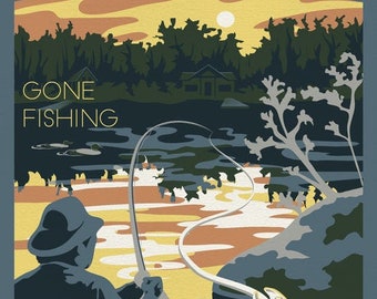 Gone Fishing Vintage Travel Poster | Camping Cabin on the Lake Art Print