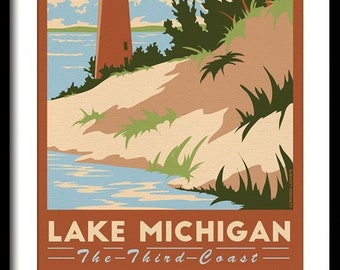 Lake Michigan Dunes | Little Sable Lighthouse Vintage National Park Travel Poster- Great Lakes Art Print