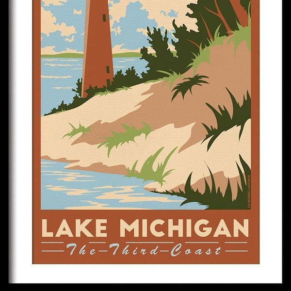 Lake Michigan Dunes | Little Sable Lighthouse Vintage National Park Travel Poster | Great Lakes Art Print