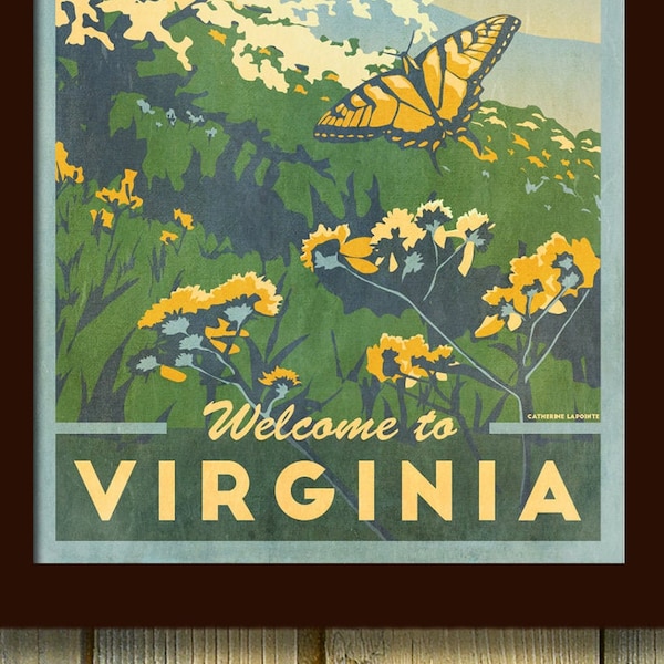 Virginia Blue Ridge Appalachian Mountains Vintage Travel Poster- Dogwood Butterfly Art Print