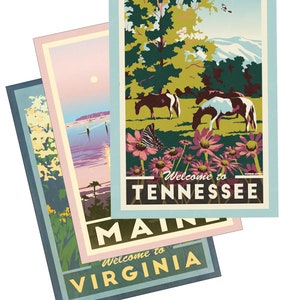 Poster de voyage rétro Cartes postales | Motifs de l'État d'origine | Lot de 3 cartes souvenirs