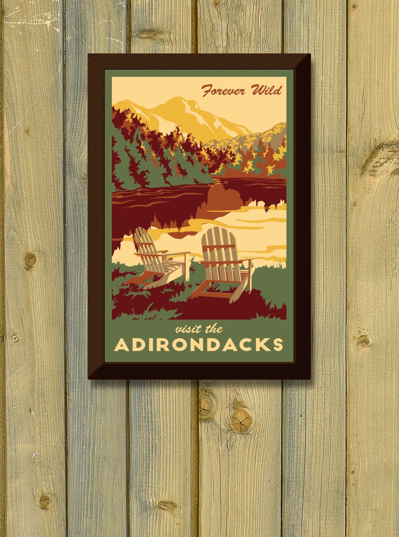 Adirondack New York Vintage Travel Poster Lake, Fall Leaves and Mountains Art Print image 1