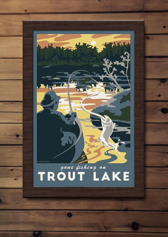 Gone Fishing On Trout Lake Vintage Travel Poster Camping Etsy