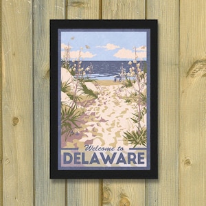 Póster de viaje retro de Delaware, decoración de pared de playa, camino de dunas a la bahía de Chesapeake