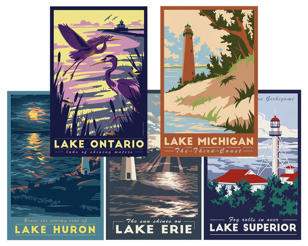 Great Lakes Poster Set Lighthouse Vintage Travel Posters image