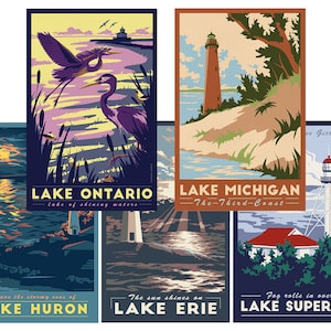 Great Lakes Poster Set | Lighthouse Vintage Travel Posters- Bulk Discount Gift