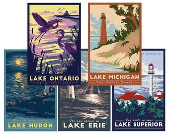 Midwest Lakes Lighthouse Art Print Set | Retro Travel Poster