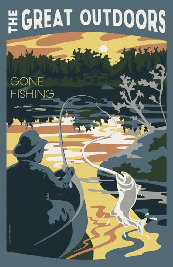 Gone Fishing Vintage Travel Poster | Camping Cabin on the Lake Art Print