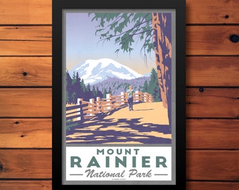 Mount Rainier Vintage Travel Poster | National Park Decor Art