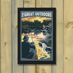 Gone Fishing Vintage Travel Poster Camping Cabin on the Lake Art Print ...