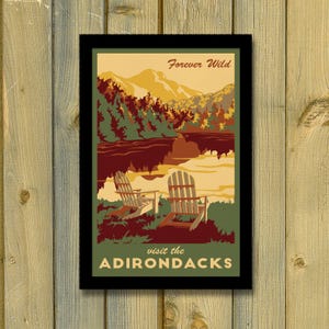 Póster de viaje retro de Adirondack, Nueva York, con lago, hojas de otoño y montañas.