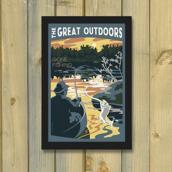 Gone Fishing Vintage Travel Poster Camping Cabin on the Lake Art