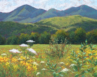 Mountain Valley Landscape Pastel Painting | Original Summer Meadow Wall Art