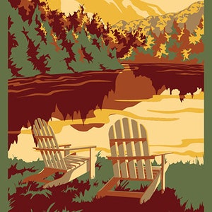 Adirondack New York Vintage Travel Poster Lake, Fall Leaves and Mountains Art Print image 2