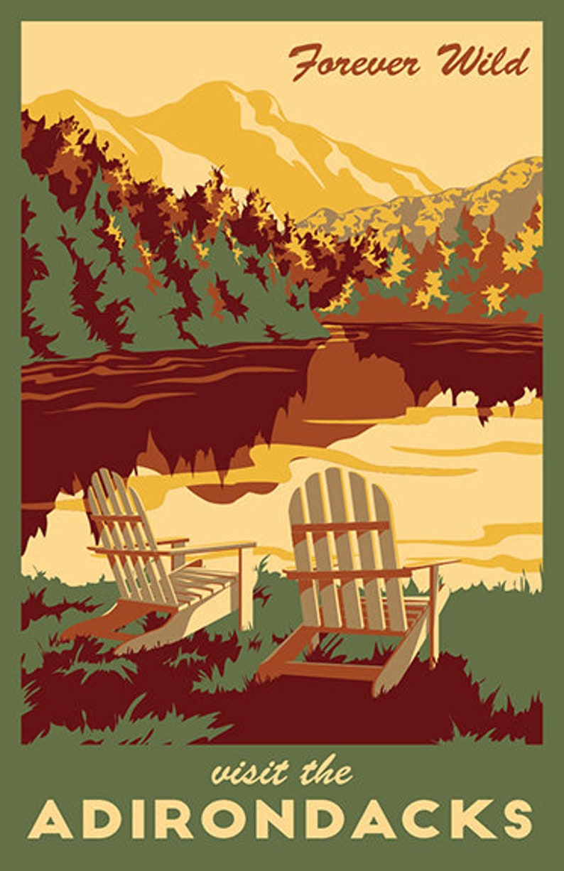 Adirondack New York Vintage Travel Poster Lake, Fall Leaves and Mountains Art Print image 2