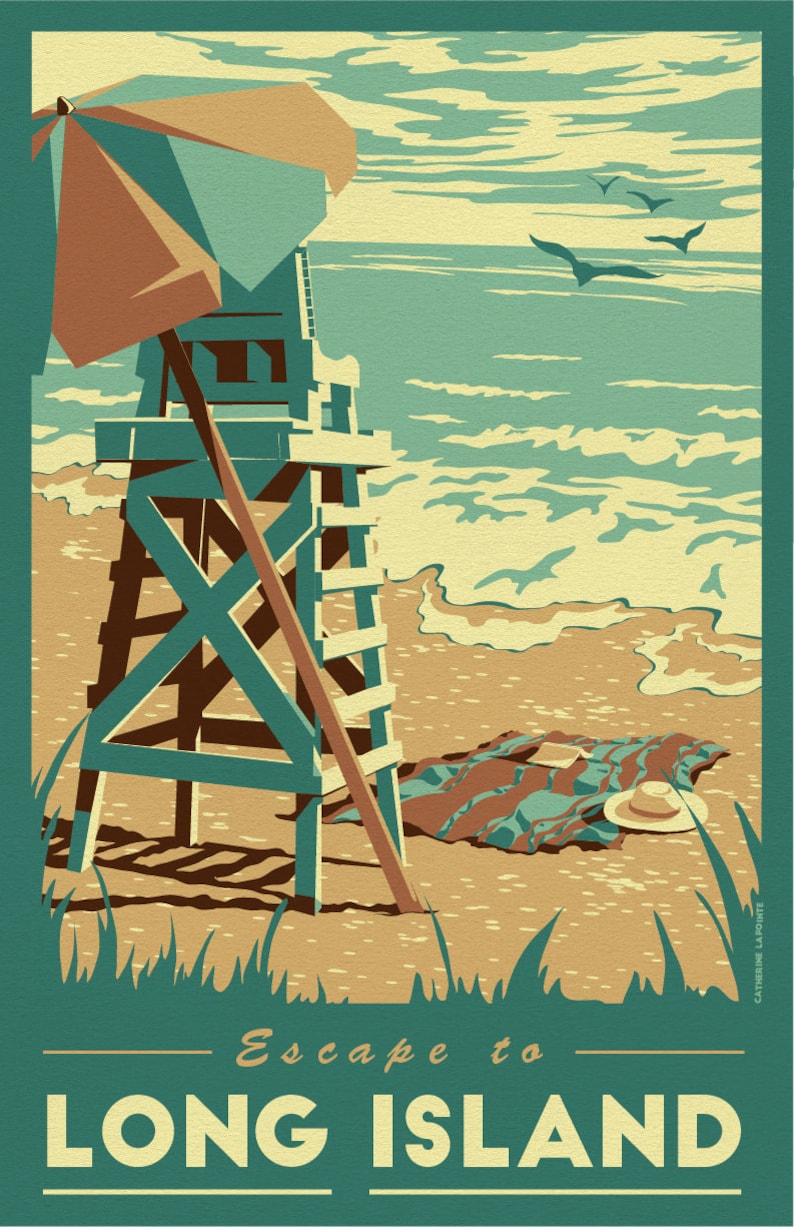Long Island Beach Travel Poster Vintage Ocean Art Print Etsy