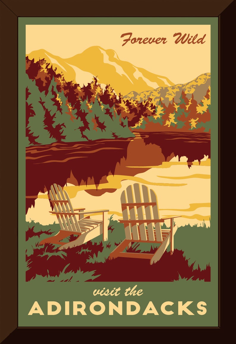 Adirondack New York Vintage Travel Poster Lake, Fall Leaves and Mountains Art Print image 3