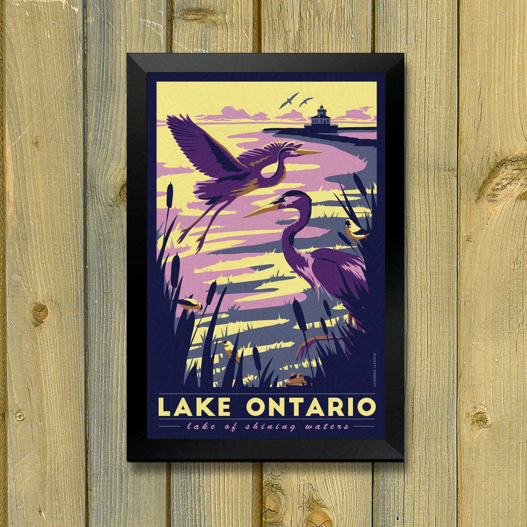 Lake Ontario Vintage Travel Poster | Blue Heron, Gold Finches, Great Lakes Lighthouse Art Print