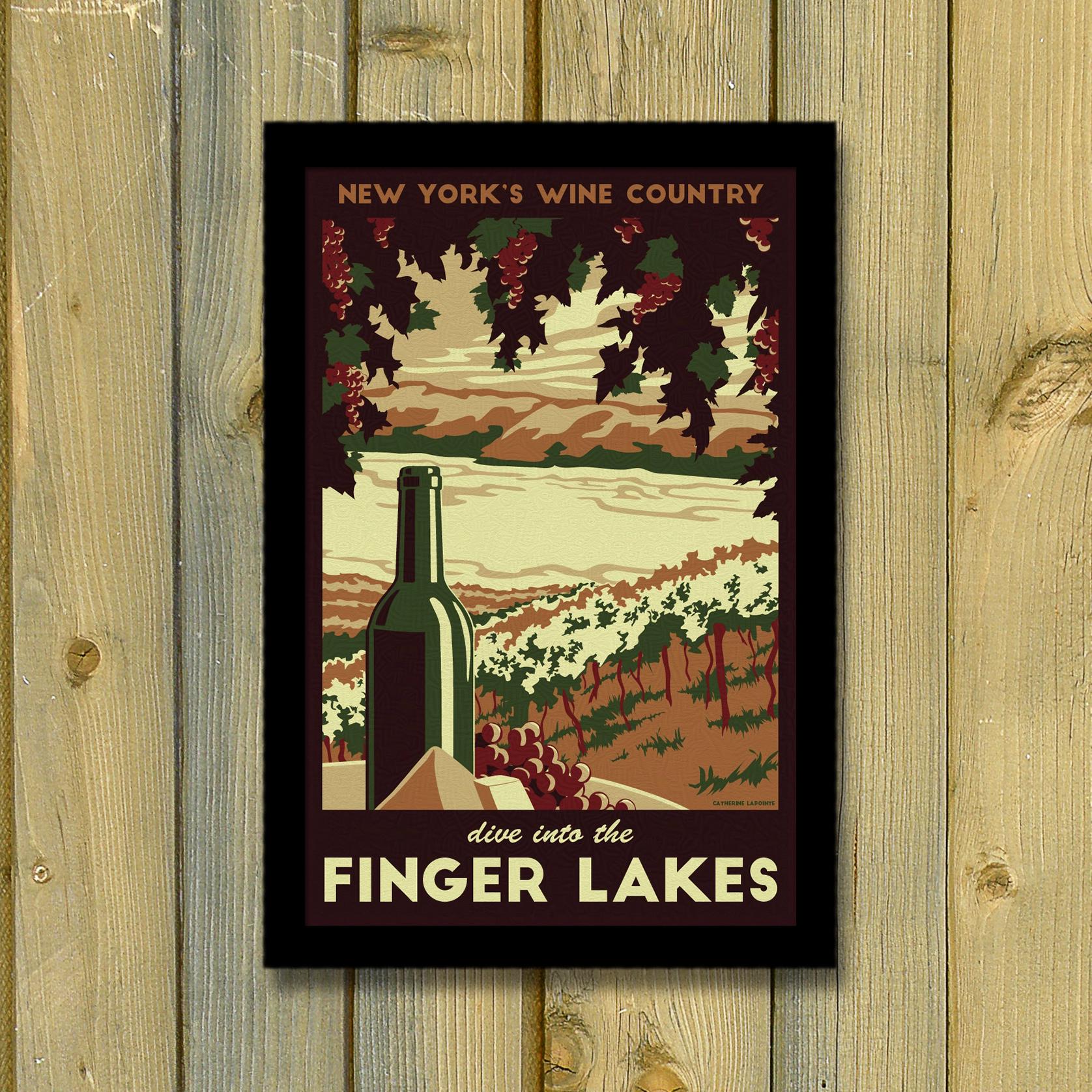 Finger Lakes New York Retro Travel Poster- Seneca, Cayuga Wine Country Art Print