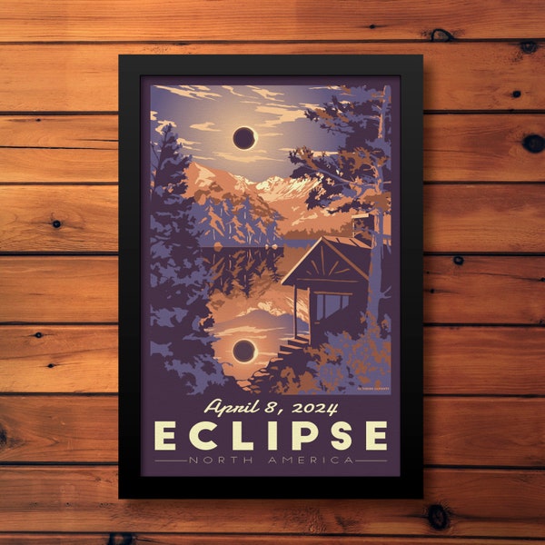 Póster de viaje vintage del eclipse solar / Totalidad de América del Norte 2024 Lámina artística