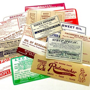 17 Authentic Vintage Labels, Pharmacy, Apothecary Supply Labels, Ephemera for Junk Journals, Vintage Paper, Vintage Ephemera, Unused Gummed