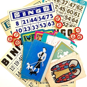 Cartas de bingo y de juego antiguas, efímeras de juegos antiguos, diario basura y juego de efímeras de técnica mixta, cartas de juego antiguas