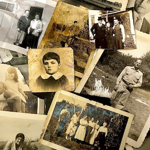 May include: A selection of aged black and white photographs. The images depict portraits and group shots of people, including children and families. The photographs show signs of age and wear, with faded tones and visible imperfections.