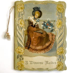 Eine Winsome Maiden, Antike mehrseitige Kartenbroschüren, Sammler Ephemera, Viktorianische Ephemera, Papierherstellung, Junk Journal