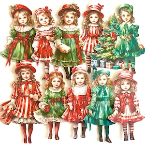 10 handgeschnittene Weihnachtspapierpuppen Junk Journals, Mixed Media, Kartenherstellung, Geschenktopper, Weihnachten Basteln, Papierverzierungen, Ephemera
