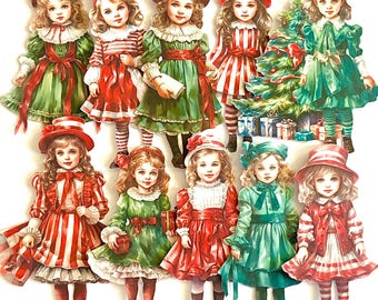 May include: Ten paper dolls dressed in red and green holiday outfits. The dolls are all wearing different styles of dresses and hats. Some of the dolls are holding gifts or other holiday-themed items.