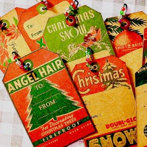 Juego de 8 etiquetas de regalo navideñas retro con cuentas, papel de regalo navideño, tarjeta navideña, efímera retro, adornos de papel, tarjetas de diario creativas