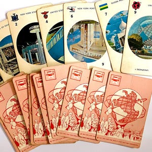20 1964 New York Worlds Fair kinderspelkaarten, vintage game Ephemera, junk Journal en mixed media Ephemera set, vintage speelkaarten