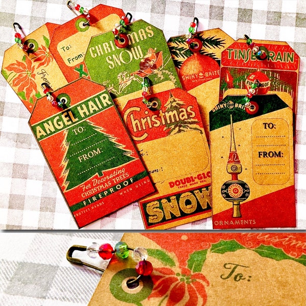 Set of 8 Beaded Retro Christmas Gift Tags, Christmas Gift Wrap, Christmas Card, Retro Ephemera, Paper Embellishments, Creative Journal Cards