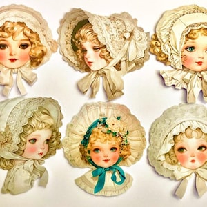 Filles dans des bonnets de Pâques, fournitures de journal indésirable, découpées à la main, objets éphémères, poupées en papier, objets éphémères à la coupe délicate